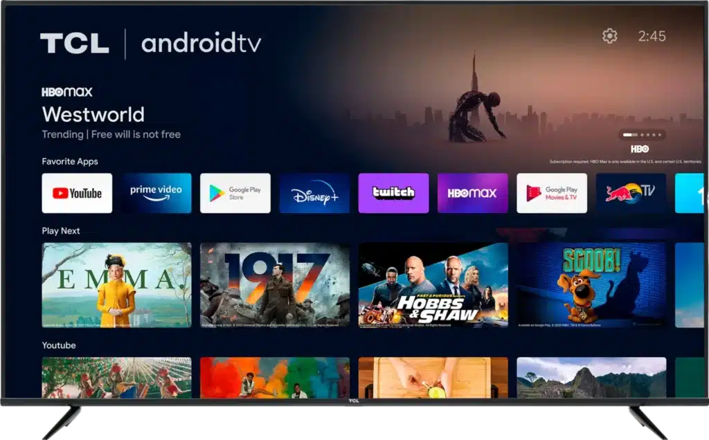 Smart television home screen showing a streaming interface with apps and recommendations